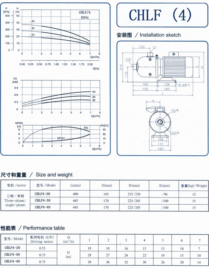 CHLF輕型立式不銹鋼多級離心泵安裝圖、尺寸、性能