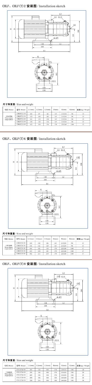 CHLF(T)輕型不銹鋼多級離心泵安裝圖、尺寸及重量