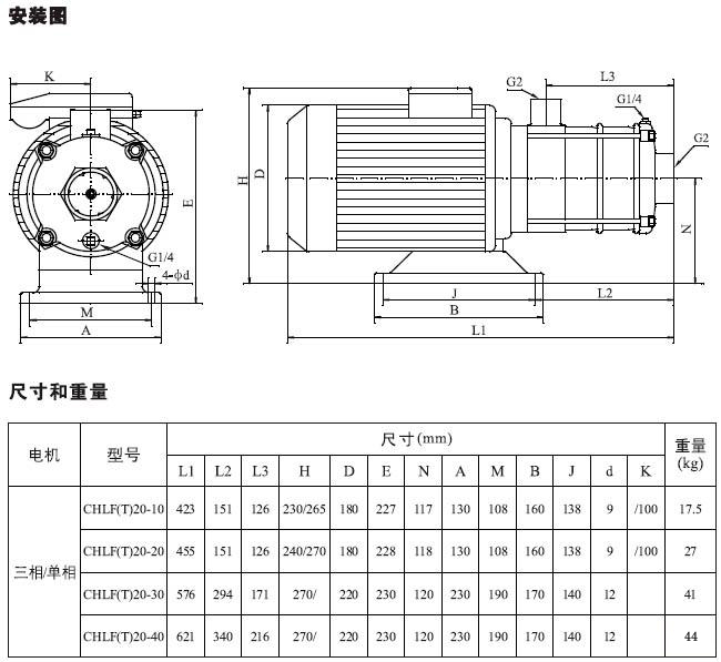 不銹鋼多級離心泵安裝圖、尺寸及重量