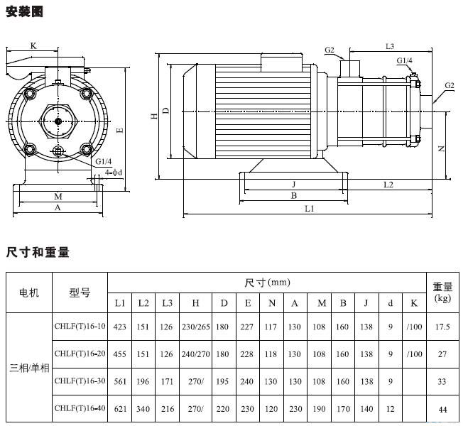 不銹鋼多級離心泵安裝圖、尺寸及重量