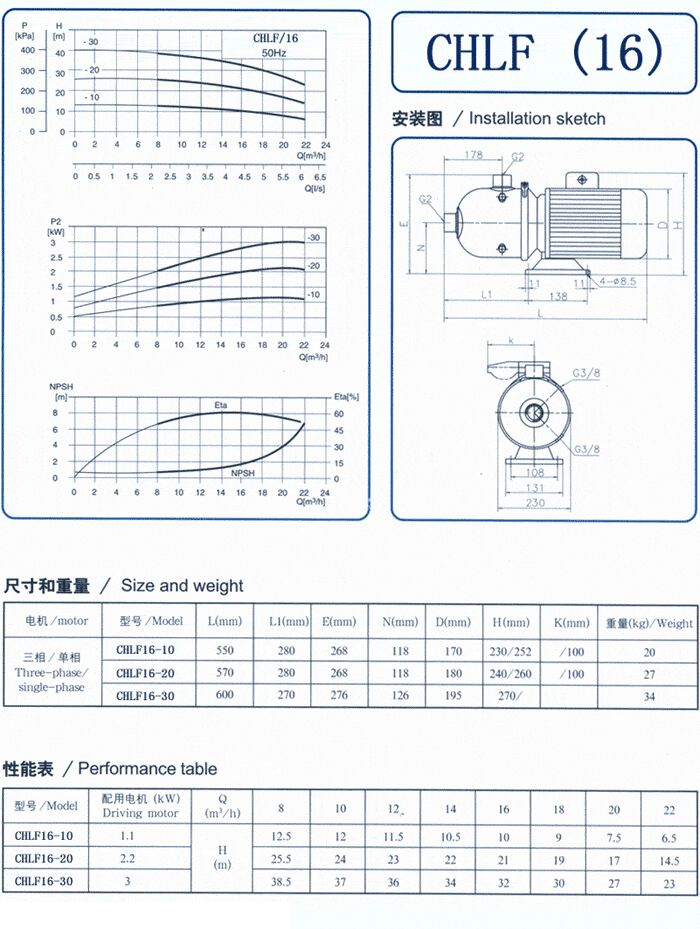 CHLF輕型不銹鋼多級(jí)離心泵尺寸和重量、性能表